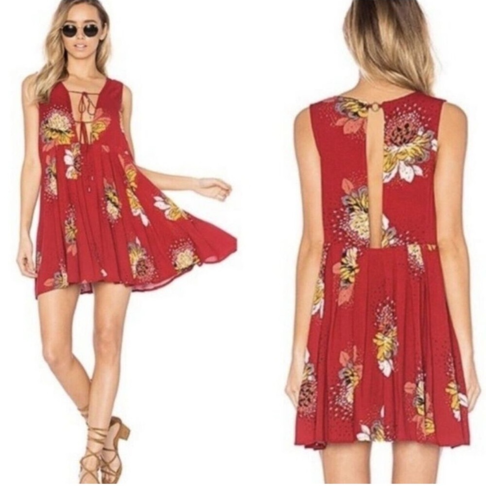 Free People Lovely Day Dress Red Floral Print Sleeveless Tunic Top Boho Open S